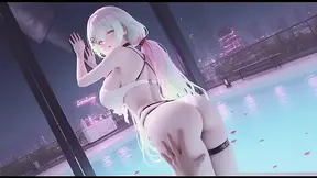 The blue-haired girl with full breasts gets her little slutty self
