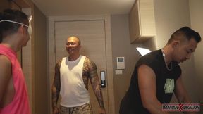 Tattooed Asian Damian Dragon Enjoys Gay Foursome on POV Fuck