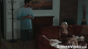 Blonde Mona Wales hops and rides the long big dick of bearded Lucas Frost