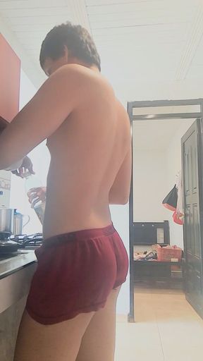 Beautiful Effeminate Femboy with a Big Ass, Cooking Naked, Showing off His Ass and His Hard, Delicious Cock