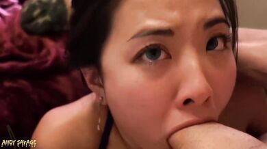 Crazy green eyes Asian amateur cocked face fuck chokes cumshot