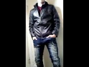 Rubbing my Cock on Leather Jacket with Hood