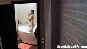 Stunning brunette getting of the shower naked