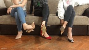 THREE GIRLS DANGLING HIGH HEELS IN A WAITING ROOM - MP4 Mobile Version