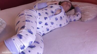 Big tits babe busts in onesie solo jiggling