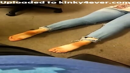 Dark Haired Woman In Blue Jeans Poses Barefoot On The Floor  Kinky4Ever