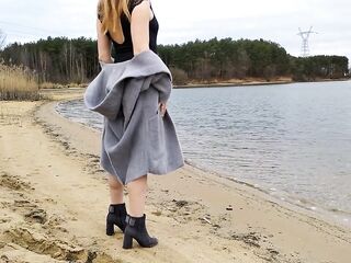 mother I'd like to fuck walking on beach near lake and show her underclothing