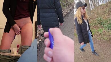 Blond biker slut walks with remote vibrator cumming in public