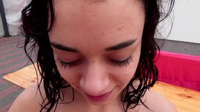 Small tits brunette sprayed in her mouth outdoor