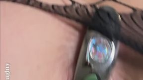 Fuck machine from behind with buttplug in black fishnet bodysuit