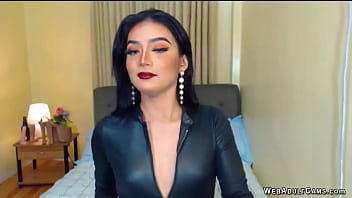 Asian trans strips and jerks off on solo webcam show