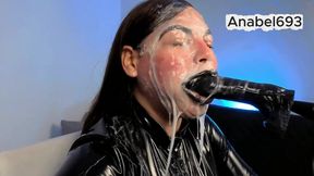 A Demon Dressed in Latex, Latex Gloves, a Latex Suit, and Black Lips, Sensually Sucks Your Cock and Spits Saliva and Semen on Me