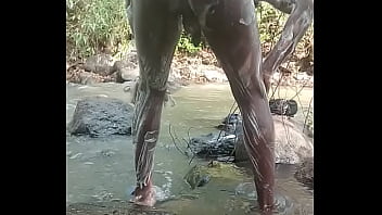 Big black dick guy masturbation while taking a shower outdoors and shooting big load