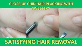 Close-Up Chin Hair Plucking with Tweezers Satisfying Hair Removal