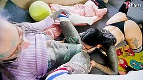 POV Threesome Hot Gothic Girls with Glasses Anal, ATM, Facial