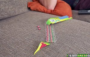 Teeny Athena May gags as she throats the studs big meat