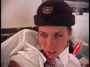 Submissive stewardess likes bad ass-fuck with latex master