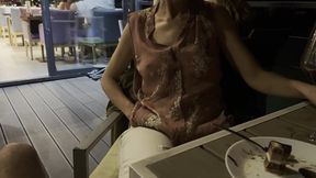 My hard pierced nipples are in the open in a sheer blouse in a bar. Touching my nipples in public