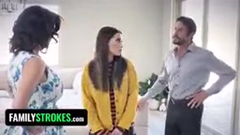 Busty stepmom pounds disobedient stepdaughter while stepdaddy drills her milf twat