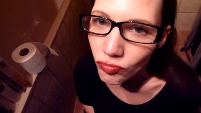 Nerdy librarian with glasses loves to drink piss