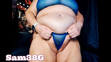 Samantha 38g trying on new blue sheer lingerie