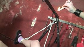 Ugly BDSM 5!  Mistress Megan torments pink wig lesbian kinky bitch in dungeon with cigarettes and hot wax.