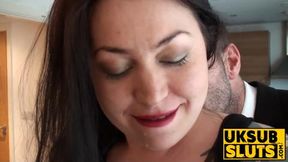 UKSubSluts com - UK cumslut Nikki Gold rides hard after throat fucking by master