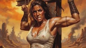 Sexy muscled babe in torn vest top is tied to metal cross in the hot sun and left to suffer BDSM bondage fantasy copy