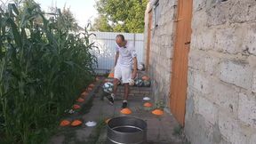 Malvina the sexy cat and I play barrel ball in the backyard
