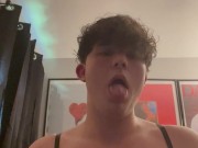 Femboy Mikey makes ahegao face while fondling breast.