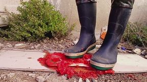 Tomato Smashing In Cleated Wellies