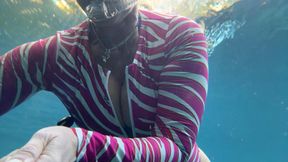 Zebra dive suit in the spring with deep cleavage view and legs on display part two