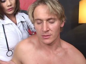 Asian nurse sucks a thick dong and fucks it in bed