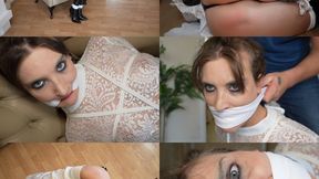 Submissive girl Claire gets bound and double handkerchief gagged in leather and lace