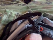 Army soldier wears swim trunks under his uniform and jerks off a hot load