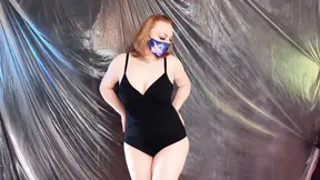 Hot milf plays with herself in a swimsuit while wearing a facemask