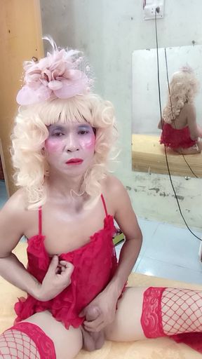 Oanh Le transgender wearing suggestive clothes to play with cans pretending to be too happy