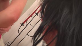 Brunette beauties sharing hard cock in casting threesome