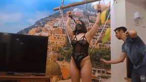 OLIVIA IN MYSTERIOUS CASTING - PART 2 - ENDURANCE TEST - Olivia Silver Dominated, Slave Trained, Breast and Clitor Stimulated, Gagged with Panel Gag And Collared, Cuffed To The Floor and Bamboo, Chained Up Tightly, Spanked and Flogged
