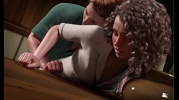 A hot blonde and curly hair girl is fucked hard in the ass against a table (Full game in bio)