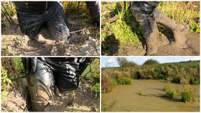 Sexy girl in all leather clothes stuck in deep muddy puddles