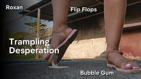 Desperately trampling on chewing gum that is stuck to her flip flops (3)