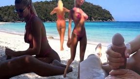 Two Couples On A Public Beach, Public Masturbation With A Finish On The Legs