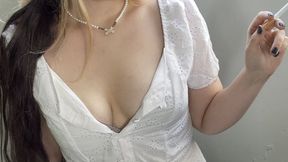 Smoking in a white dress, natural light & cleavage - Smokingrapunzel