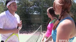 Redhead Slut's Tennis Practice with Friend Ends in Steamy Summer Threesome on Court with New Coach