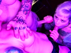 Blowjob specialist has threeway fun with strapon and cock