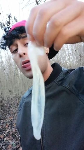 Twink Uses Cum Filled Condom After Fuck Like Bubble Gum and Puts on a Condom on His Tongue