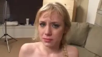 Petite blonde Meadow chokes on huge cock during rough blowjob