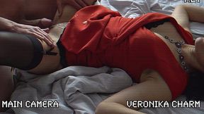 Big cumshot on sexy brunette's red dress and pussy in hotel room