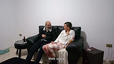 Stepfather comes home and finds his stepdaughter on the couch and she seduces him until they have sex.